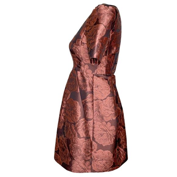 Gal Meets Glam Ingrid Rust Rose Floral Jacquard Pleated Fit & Flare Mini Dress - Picture 4 of 11